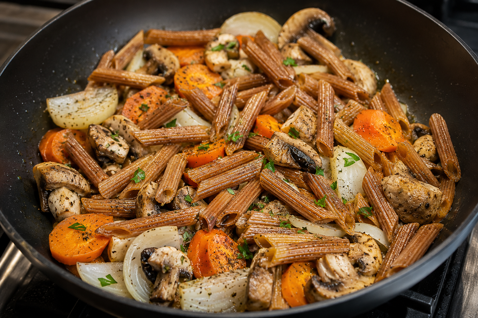 Skillet of whole-grain penne with chicken, mushrooms, carrots and onion